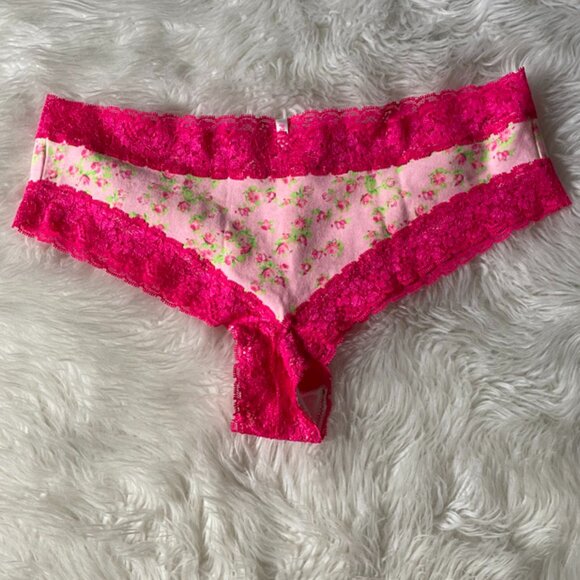 NWOT PINK Victoria's Secret X-Low Rise Cheeky Pink Floral Rose Print Lace Trim L - Picture 1 of 8
